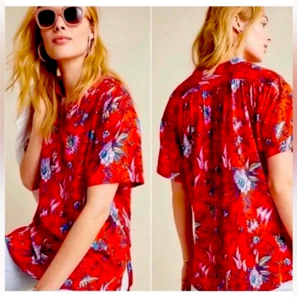 Anthropologie Maeve Windham Floral Tunic Top Red Women’s Size L